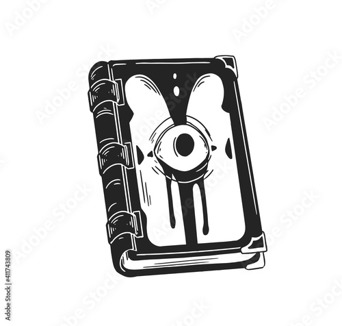 Dark ritual secret book for witchcraft with all-seing eye of god or demon on cover. Black and white flat vector illustration isolated on white background