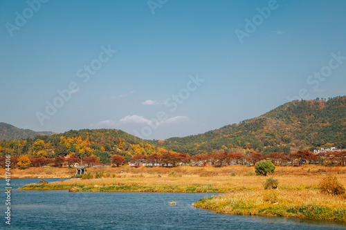 Miryang river and mountain at autumn in Miryang, Korea
