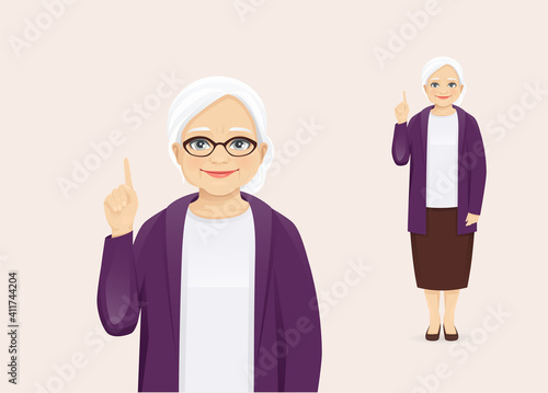 Mature senior woman in casual clothes pointing up with idea vector illustration