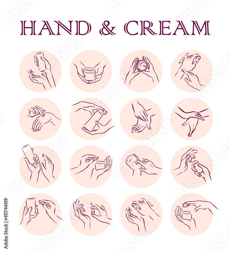Collection of human hands with hand cream and moisturizer tube in different gestures and posses isolated on white background. Vector flat hand drawn illustration. For banners, ads, emblems, tags etc.