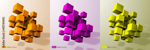 3d cubes set. Orange, yellow, red pink 3d cube collection. Vector illustration