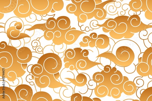 Seamless pattern of Chinese cloudy sky with curly golden clouds and curves. Repeatable Japanese texture for printing. Oriental Asian endless backdrop. Monochrome flat vector illustration