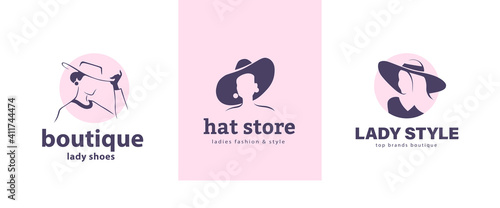 Collection of lady hat store and boutique emblems with hand drawn portraits of elegant stylish beautiful women isolated on white background. Vector flat minimalist illustration. For ad, label, banner.
