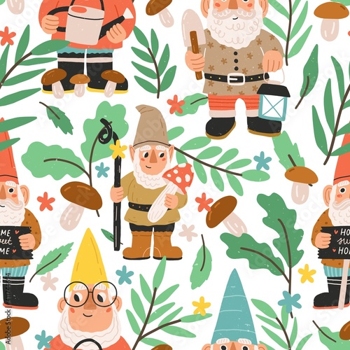 Seamless pattern with funny and cute gnomes, dwarfs, elves, mushrooms, leaves and colorful flowers on white background. Endless repeatable backdrop with fairytale characters. Flat vector illustration