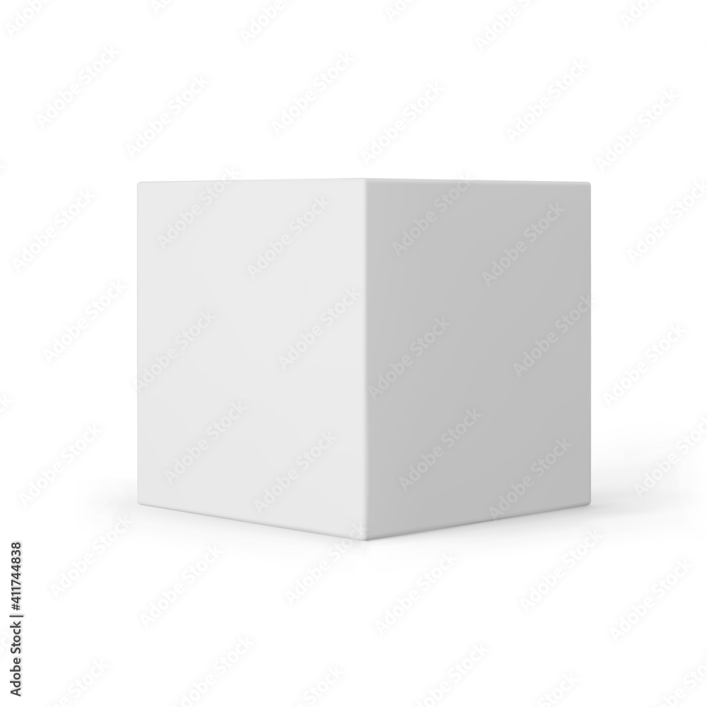 White 3d cube with perspective isolated on white background. 3d modeling box with lighting and shadow. Realistic vector icon White 3d cube with perspective isolated on white background. 3d modeling box with lighting and shadow. Realistic vector icon