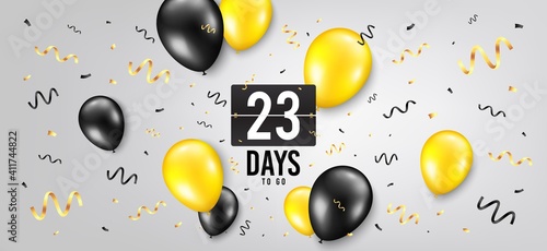 Twenty three days left icon. Countdown scoreboard timer. Balloon confetti background. 23 days to go sign. Days to go birthday balloon. Celebrate countdown banner. Counter background. Vector