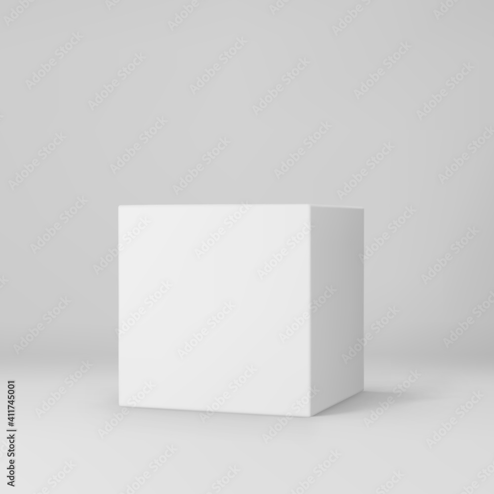 White 3d cube with perspective isolated on grey background. 3d modeling box with lighting and shadow. Realistic vector icon White 3d cube with perspective isolated on grey background. 3d modeling box with lighting and shadow. Realistic vector icon