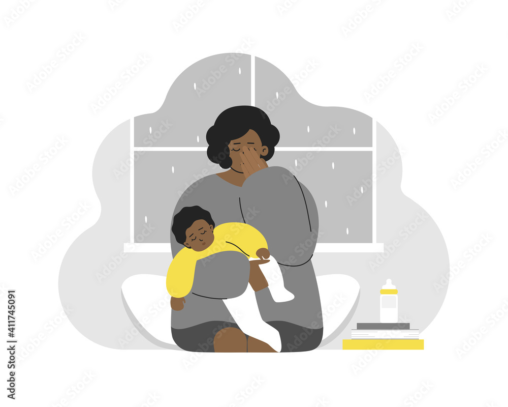 Vector flat concept. Problem of maternity - how to keep calm and mental health. Tired African American mother cries. She holds baby on hands. Mom feels emotional stress, anxiety, postpartum depression Vector flat concept. Problem of maternity - how to keep calm and mental health. Tired African American mother cries. She holds baby on hands. Mom feels emotional stress, anxiety, postpartum depression
