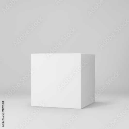 White 3d cube with perspective isolated on grey background. 3d modeling box with lighting and shadow. Realistic vector icon