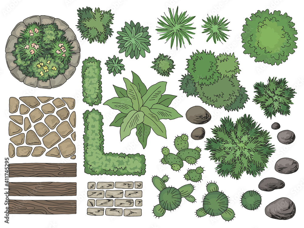 Landscape architect design element set color top sketch aerial view isolated illustration vector 