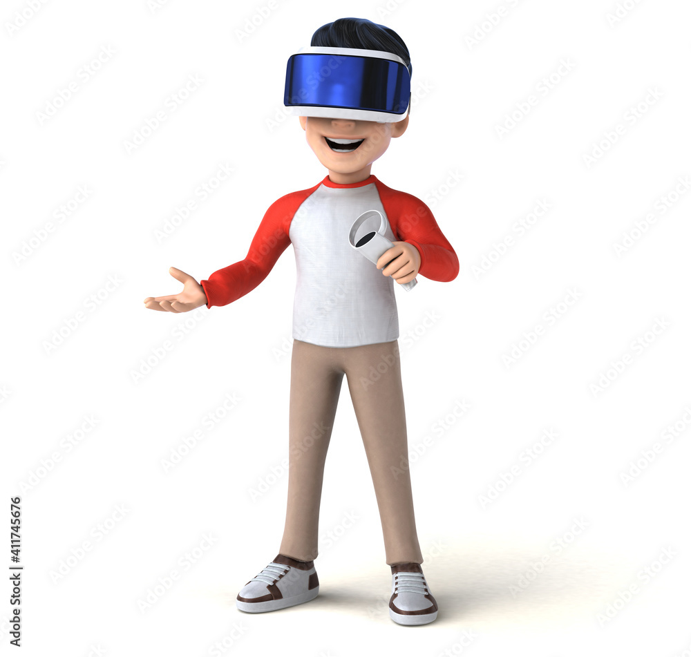 Fun 3D illustration of a cartoon kid with a VR helmet Fun 3D illustration of a cartoon kid with a VR helmet