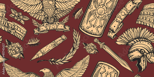 Ancient Rome. Seamless pattern. Roman eagle, spartan helmet, sword and shield. History of Italy. Traditional tattooing style