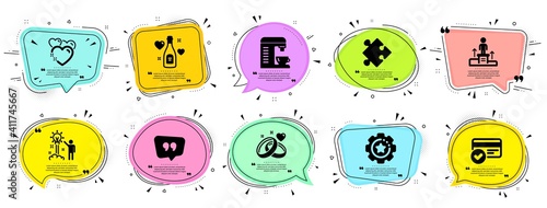 Business icons set. Speech bubble offer banners. Vector coupon badge. Included icon as Creative idea, Business podium, Coffee machine signs. Love champagne, Strategy, Heart symbols. Vector