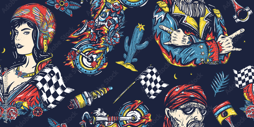 Bikers. Dark seamless pattern. Pin up moto girl, bearded biker man, burning chopper motorcycle, race flag, rider sport woman. Old school tattoo background. Lifestyle of racers