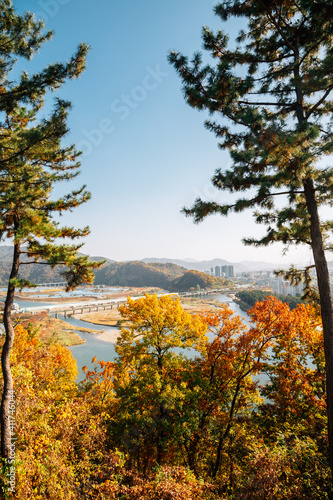 Panoramic view of Miryang river and mountain at autumn in Miryang, Korea
