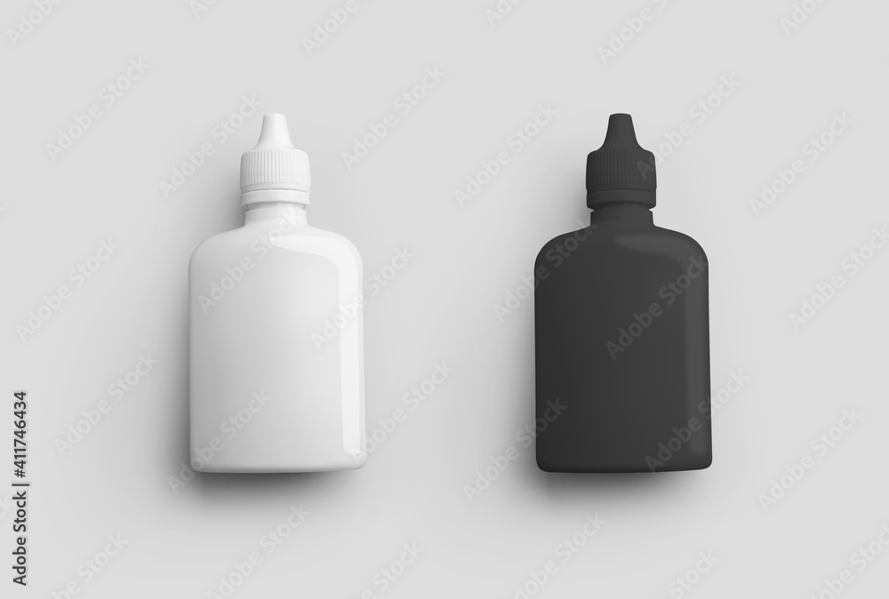 Template of a plastic white, black bottle with a screw cap, a jar for drops, liquids, for design presentation. Template of a plastic white, black bottle with a screw cap, a jar for drops, liquids, for design presentation.