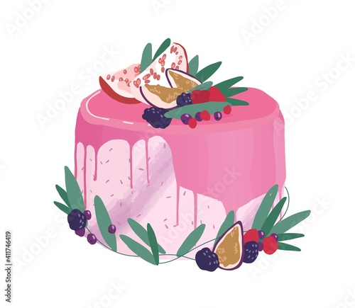 Wedding or birthday dessert decorated with berries, fruits and drippy topping. Festive layered creamy cake topped with pink mirror glaze. Colored vector illustration isolated on white background