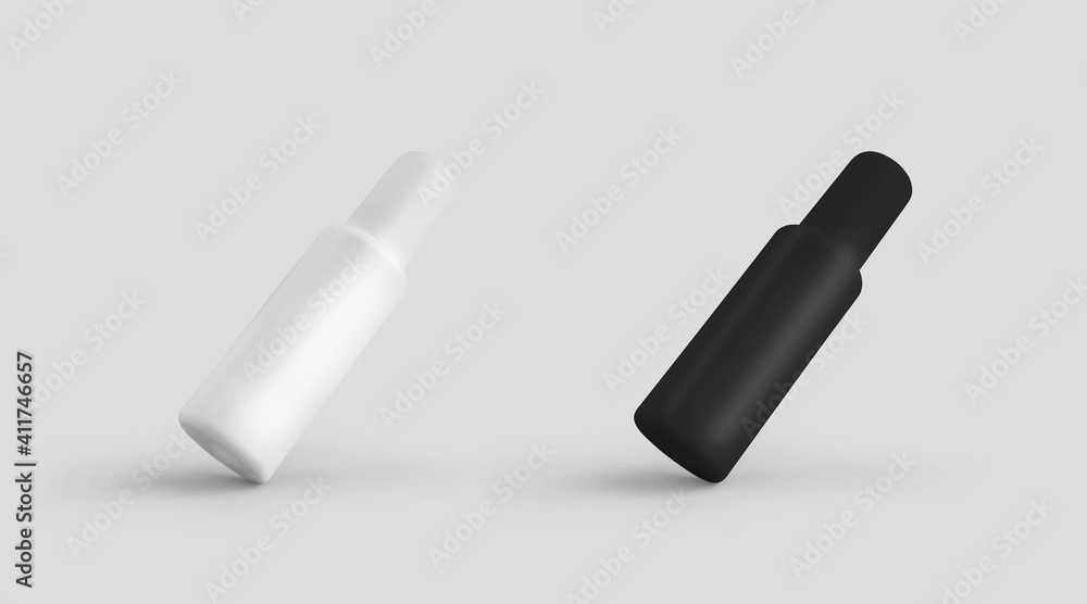 Set of templates of plastic white, black bottles with cap, vial with dispenser, sprayer, isolated on background. Set of templates of plastic white, black bottles with cap, vial with dispenser, sprayer, isolated on background.
