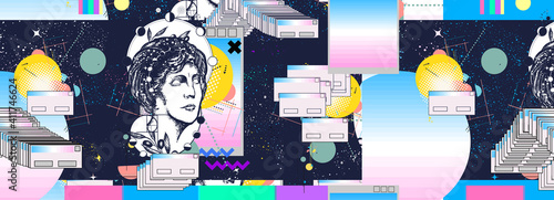 Vaporwave music art. Seamless pattern. Contemporary glitch concept. Surreal retrofuturistic vector illustration. Roman antique statue in universe. 80s and 90s pop culture style