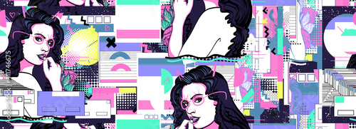 Cyberpunk girl and universe. Vaporwave and retrowave music seamless pattern. Contemporary glitch background. Surreal retrofuturistic vector illustration. 80s and 90s internet lifestyle, pop culture
