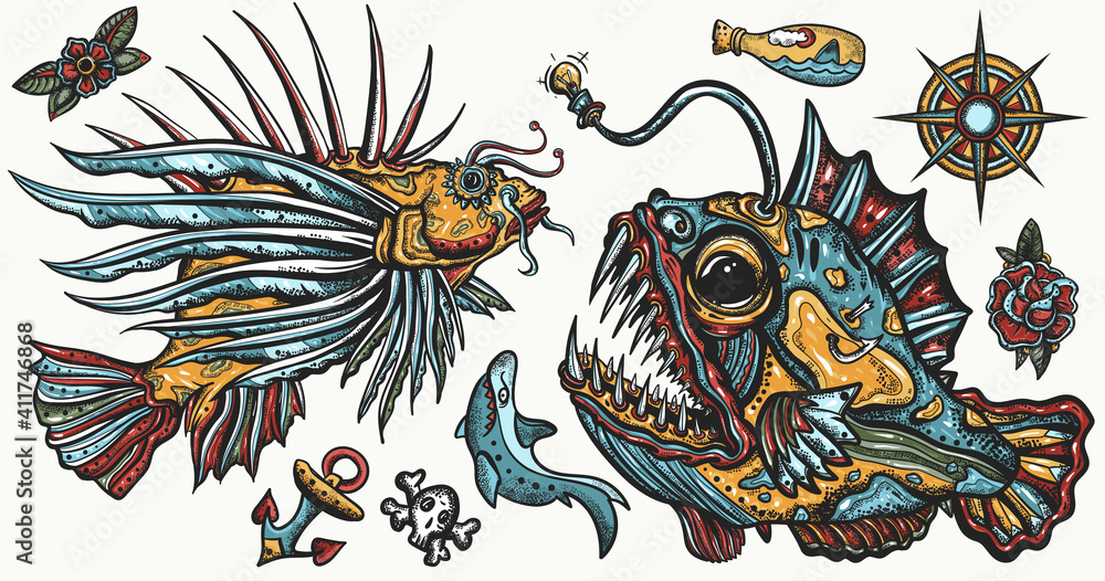 Sea monsters. Angler fish and lionfish, shark, compass. Underwater life. Old school tattoo vector collection. Deep water diving art. Treasures and life of ocean Stock Vector