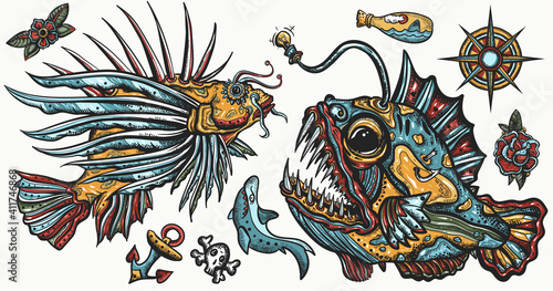 Sea monsters. Angler fish and lionfish, shark, compass. Underwater life. Old school tattoo vector collection. Deep water diving art. Treasures and life of ocean