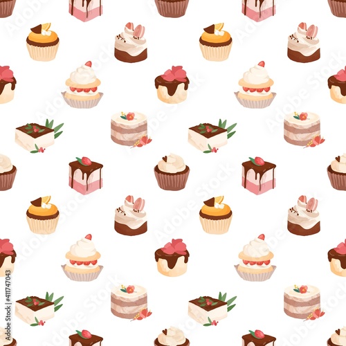 Seamless pattern with sweet sugar desserts, pieces of creamy cakes and cupcakes decorated with strawberries and toppings. Endless texture for printing. Colored vector illustration on white background
