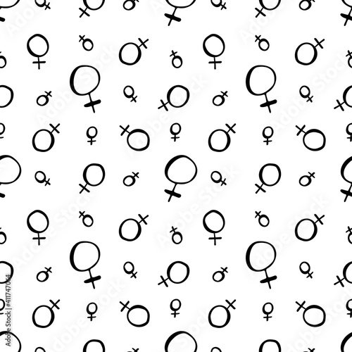 Seamless monochrome pattern with doodle style black ink planet venus sign. On white background. Stock vector illustration.