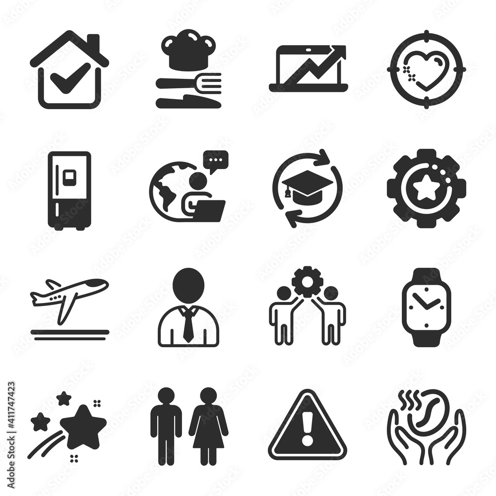 Set of Business icons, such as Human, Continuing education, Employees teamwork symbols. Smartwatch, Departure plane, Heart target signs. Refrigerator, Settings gear, Food. Sales diagram. Vector Set of Business icons, such as Human, Continuing education, Employees teamwork symbols. Smartwatch, Departure plane, Heart target signs. Refrigerator, Settings gear, Food. Sales diagram. Vector