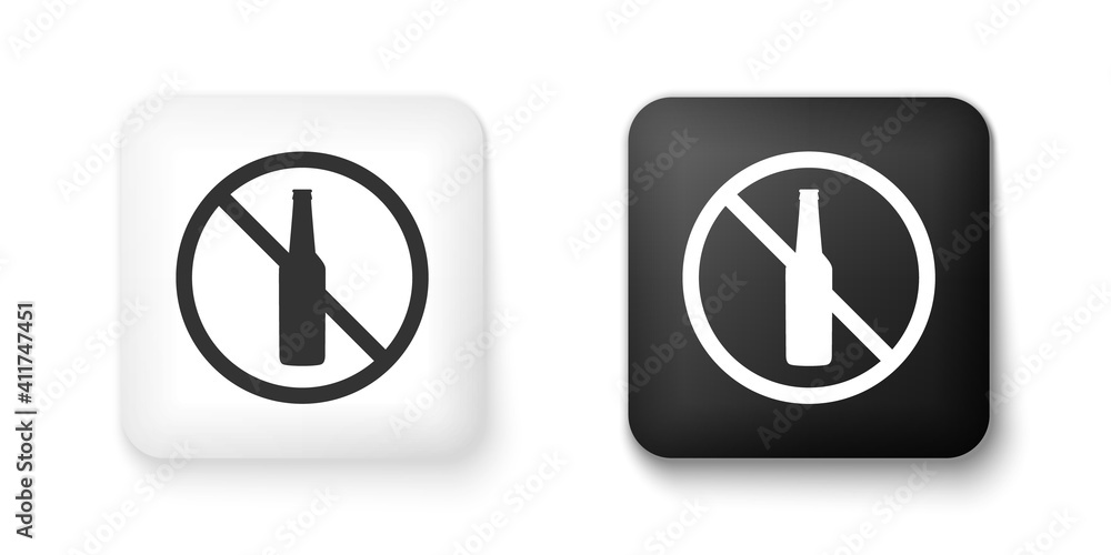 Black and white No alcohol icon isolated on white background. Prohibiting alcohol beverages. Forbidden symbol with beer bottle glass. Square button. Vector. Black and white No alcohol icon isolated on white background. Prohibiting alcohol beverages. Forbidden symbol with beer bottle glass. Square button. Vector.