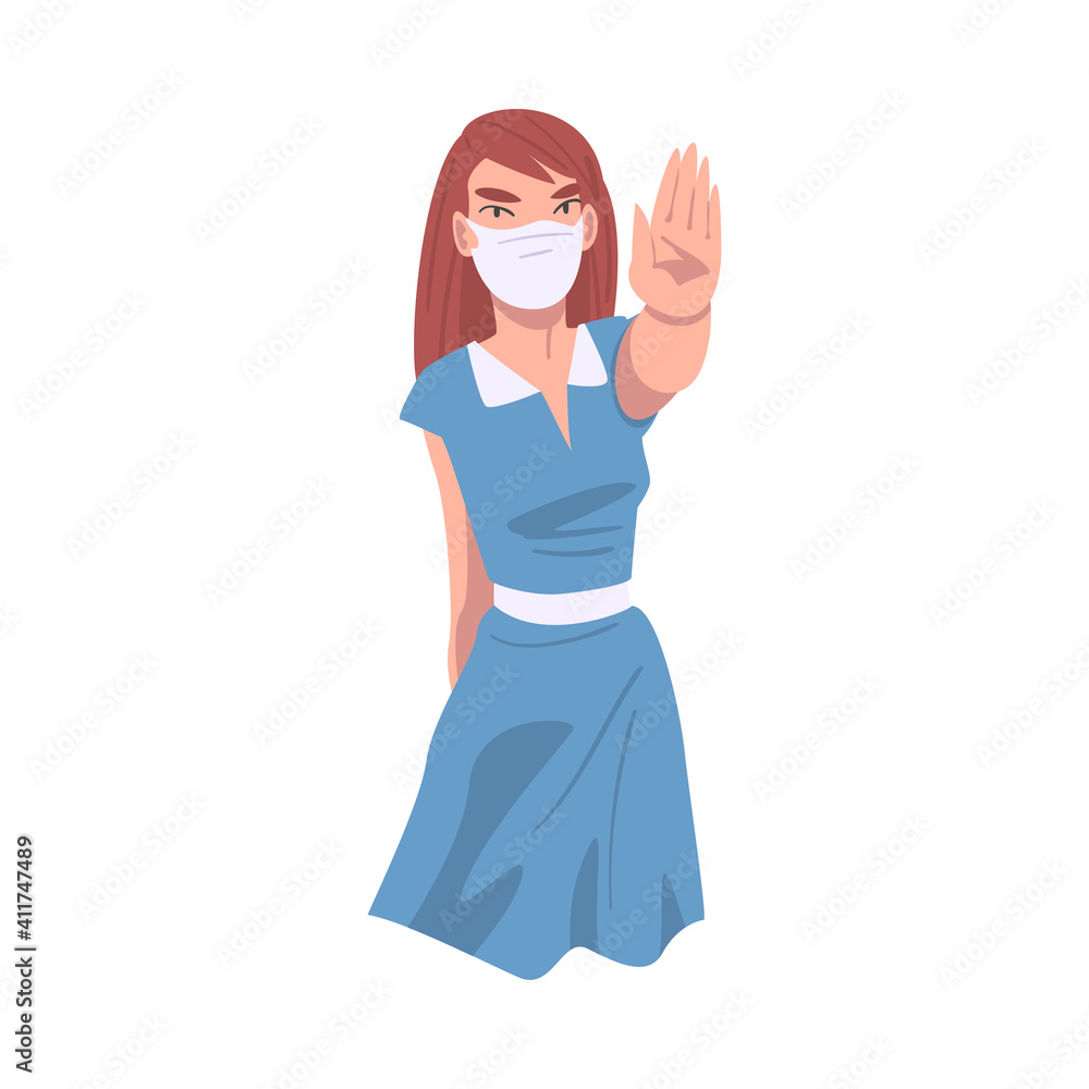 Young Woman Wearing Face Mask Showing Stop Virus Sign with Her Hand Vector Illustration Young Woman Wearing Face Mask Showing Stop Virus Sign with Her Hand Vector Illustration