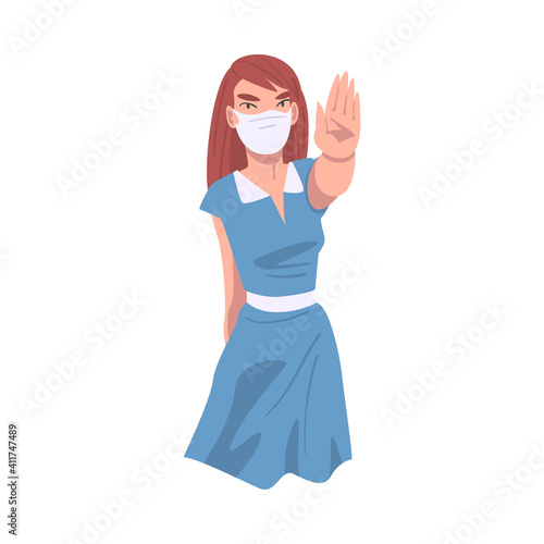 Young Woman Wearing Face Mask Showing Stop Virus Sign with Her Hand Vector Illustration