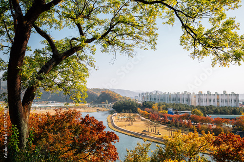 Panoramic view of Miryang city and river at autumn in Miryang, Korea photo