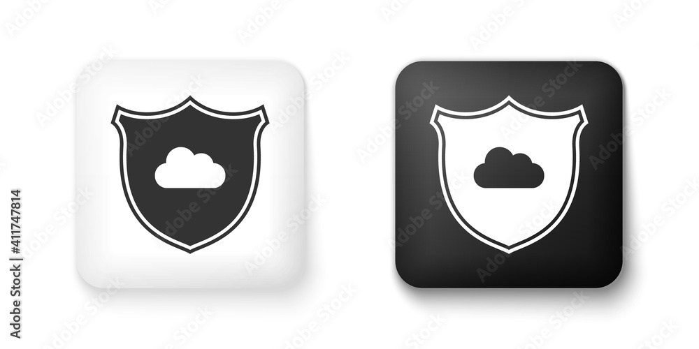 Black and white Cloud and shield icon isolated on white background. Cloud storage data protection. Security, safety, protection, privacy concept. Square button. Vector.