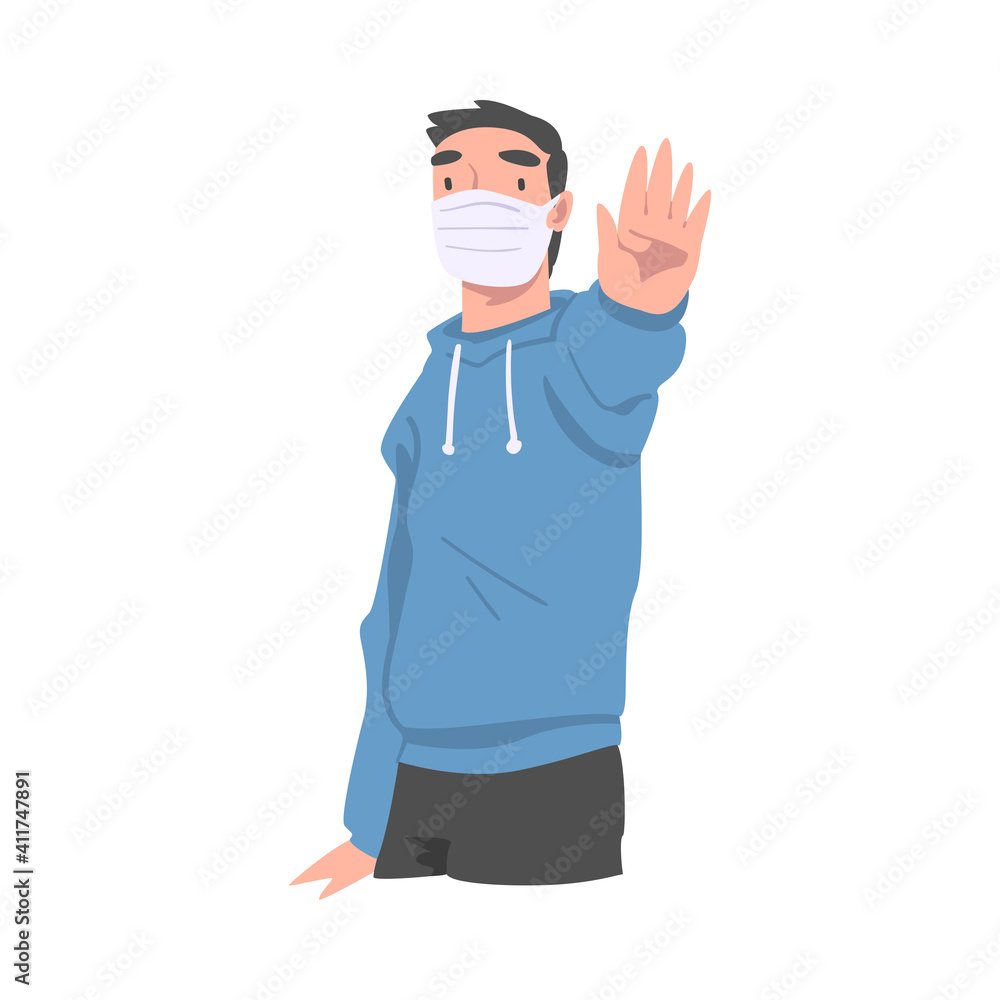 Young Man Wearing Face Mask Showing Stop Virus Sign with His Hand Vector Illustration Young Man Wearing Face Mask Showing Stop Virus Sign with His Hand Vector Illustration
