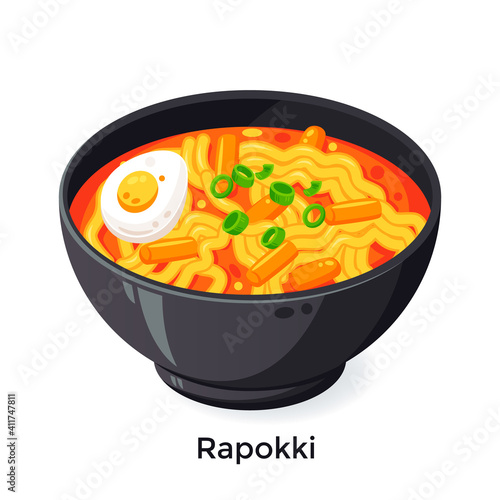 Delicious Spicy Rapokki or Rabokki illustration, spicy instant noodle with Korean rice cake