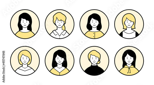 女性のアイコンのセット／シンプル／バリエーション／20代／30代／女／上半身／バリエーション／丸