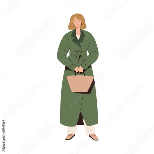 Stylish modern woman in autumn fashion outfit. Model wearing belted coat and bag. People in trendy elegant clothes in urban casual style. Colored flat vector illustration isolated on white background