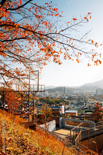 Panoramic view of Miryang city from Moonlight Ssamji park at autumn in Miryang, Korea