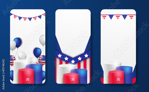 set of stories social media template promotion for 4th july of american independence day of usa with 3d cylinder podium display