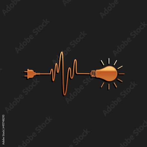 Gold Wire plug and light bulb icon isolated on black background. Plug, lamp and cord in the form of heartbeat. Concept of Electricity and lighting. Long shadow style. Vector.