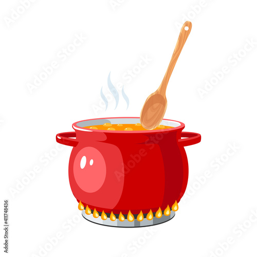 Cooking. Stirring boiling soup with wooden spoon on gas stove. Vector illustration cartoon flat icon isolated on white background.
