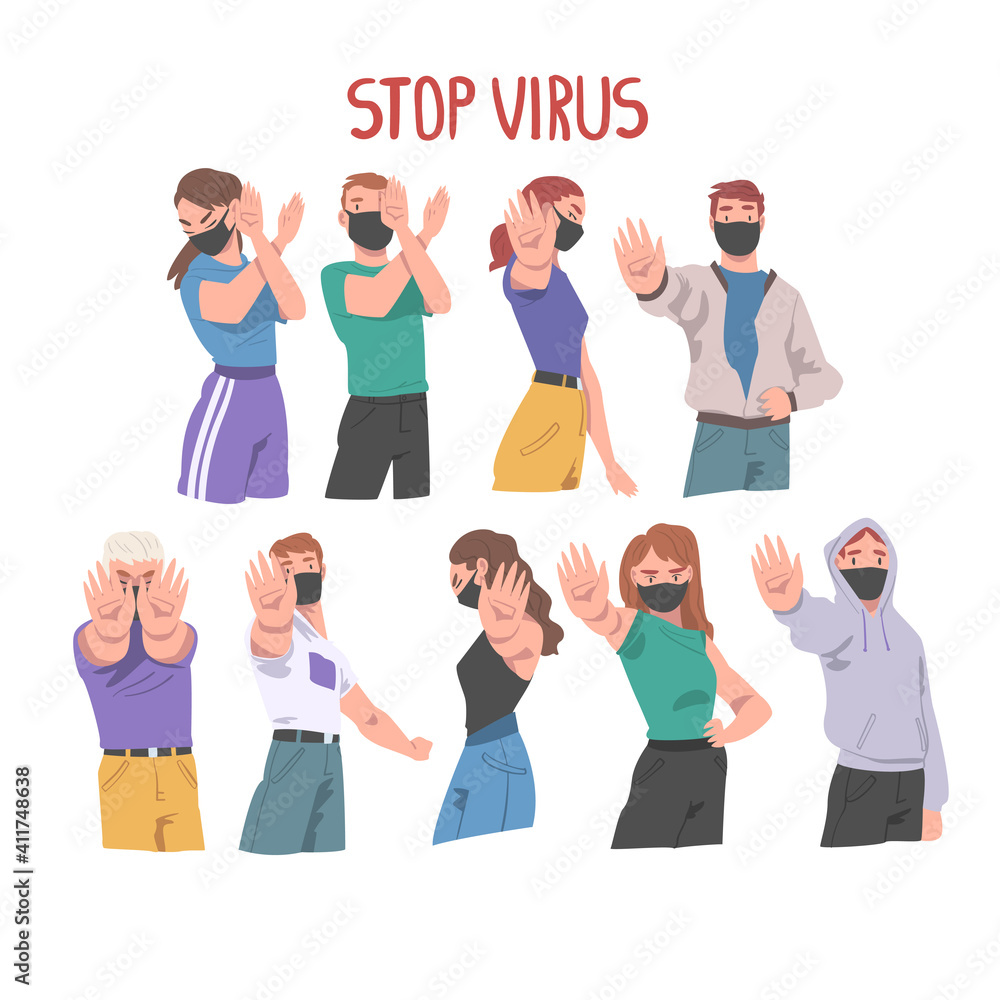 People Characters Wearing Face Mask Showing Stop Virus Sign with Their Hands Vector Illustration Set