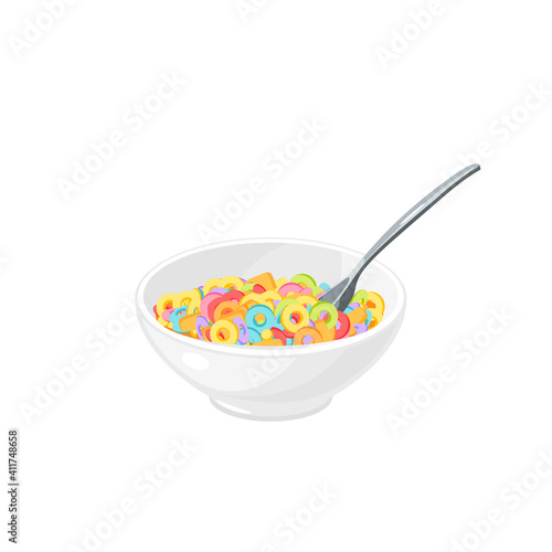 Bowl of colored cereal with spoon. Healthy breakfast. Vector illustration cartoon flat icon isolated on white background.