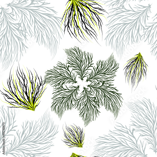 Green, grey and yellow abstract plants on a white background. Vector seamless pattern.