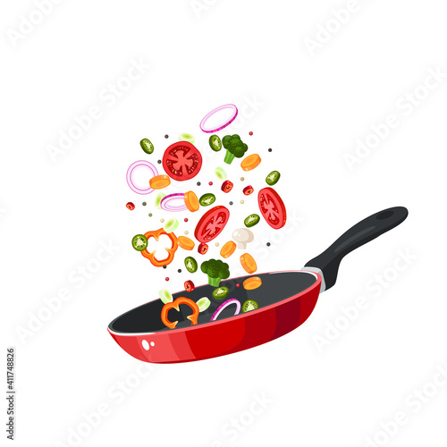 Food preparation. Sliced vegetables in red frying pan. Kitchen utensil. Vector illustration cartoon flat icon isolated on white background.