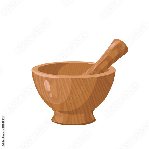 Wooden mortar and pestle. Vector illustration cartoon flat icon isolated on white background. photo