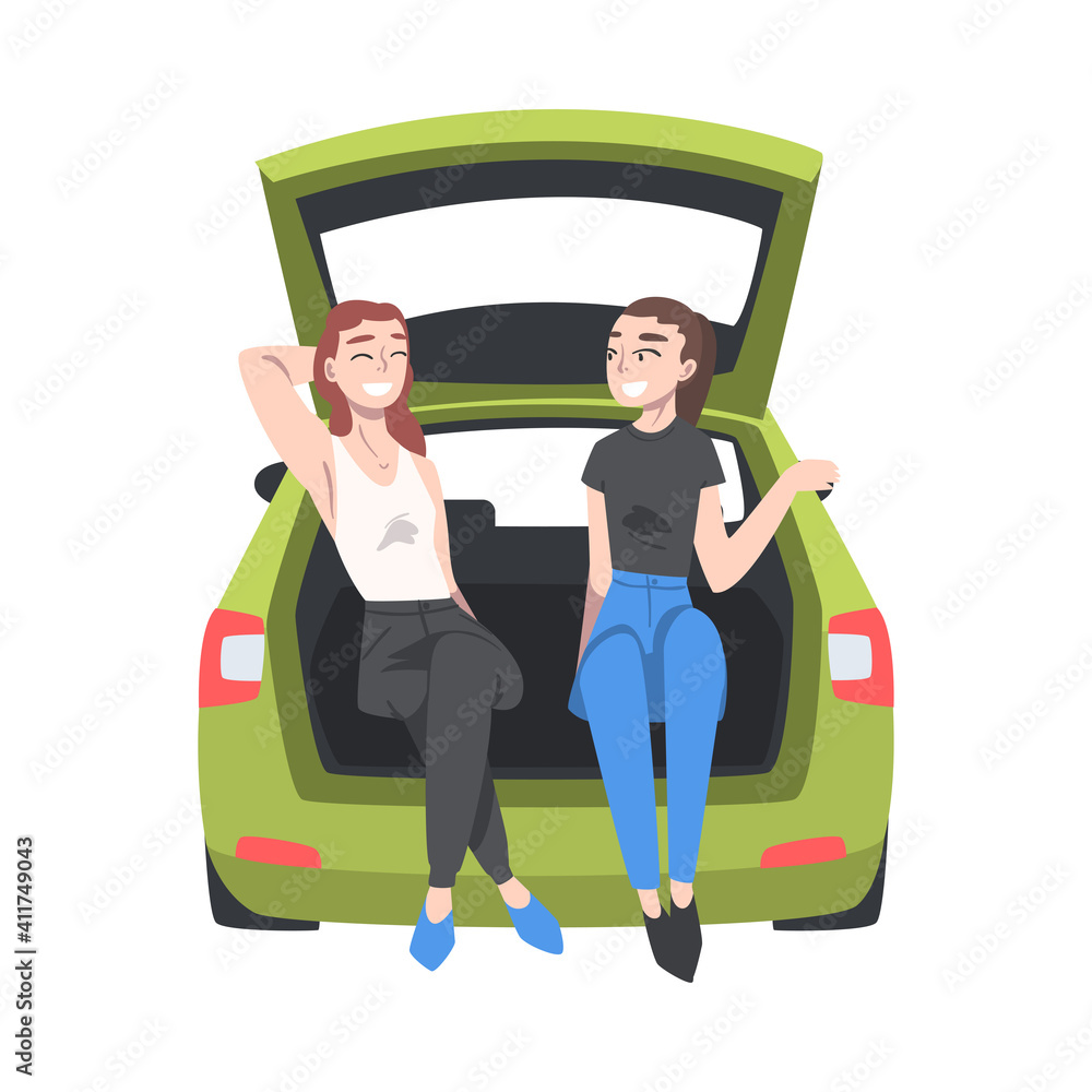 Woman Friends Sitting in Car Trunk Taking Picture Vector Illustration Woman Friends Sitting in Car Trunk Taking Picture Vector Illustration
