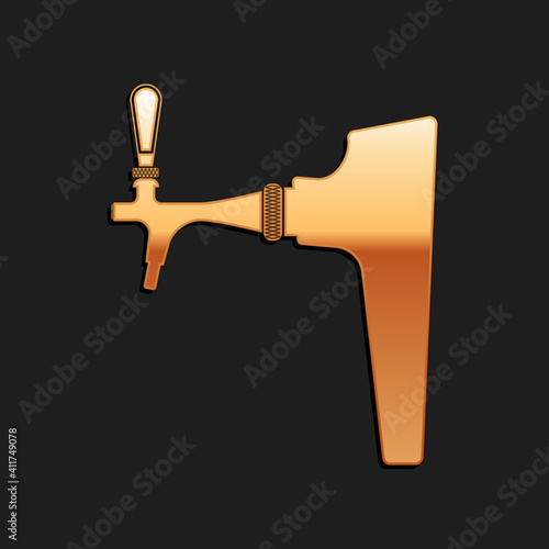 Gold Beer tap icon isolated on black background. Long shadow style. Vector.