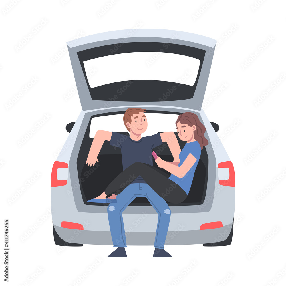 Couple Sitting in Open Car Trunk Taking Picture Vector Illustration Couple Sitting in Open Car Trunk Taking Picture Vector Illustration